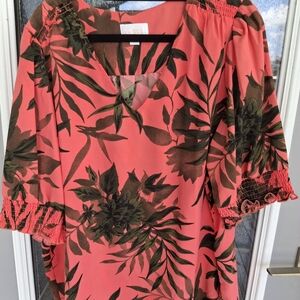 Pink V-neck Top With Olive/Black Tropical Leaves By Kim Gravel XL Shirred Sleeve